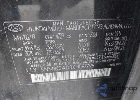 2019 Hyundai Santa Fe Se из США, поврежденный, VIN 5NMS23AD8KH097795